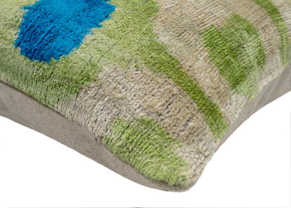 Canvello Vibrant 16"x24" Handmade Velvet Pillow Lively Green and Blue Ikat Design with Premium Down Feather Insert