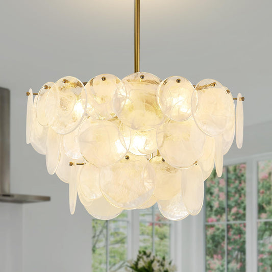 Giawosth Gold Chandeliers Modern Glass Chandelier, D23.2 inch Round Crystal Pendant Light for Dining Room, Foyer, Hallway, Living Room, Bedroom, 9-Lights Height Adjustable Luxury Hanging Fixtures