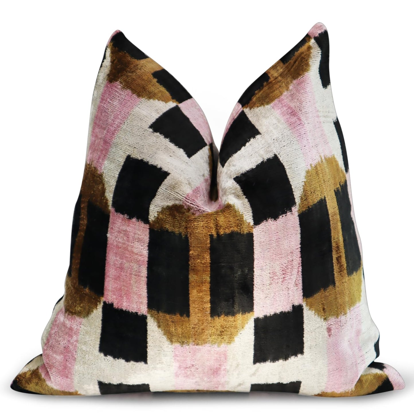 CANVELLO Pink Brown Handmade Exquisite Down Pillow Throw Cushion: Feather Pillows Elegance & Art | Decorative Iconic Throw Pillows with Ikat Design | Soft Velvet Silk (16"x16")