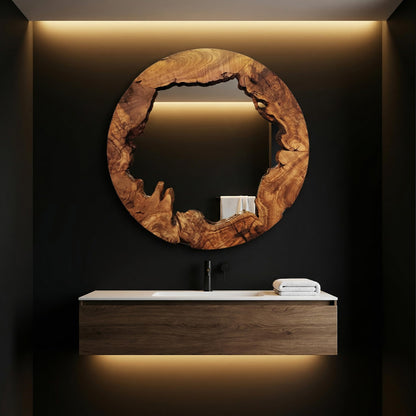 Live Edge Olive Wood Mirror - Round Rustic Wall Decor for Entryway & Bathroom, Solid Wood Circle Mirror, Organic Modern Farmhouse Aesthetic, Premium Natural Grain Decorative Accent, 16"