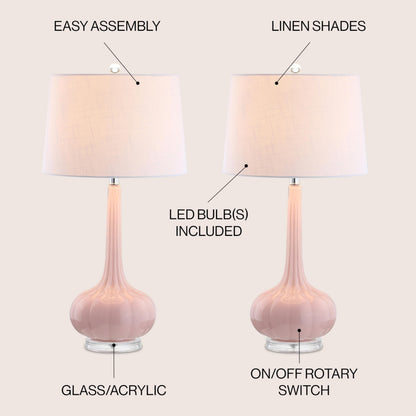 JONATHAN Y 28.5" Pink Glass Teardrop LED Table Lamp Set of 2 for Living Room Bedroom Nightstand, White Linen Shade Modern Transitional Bedside Desk Lamp JYL1079A-SET2