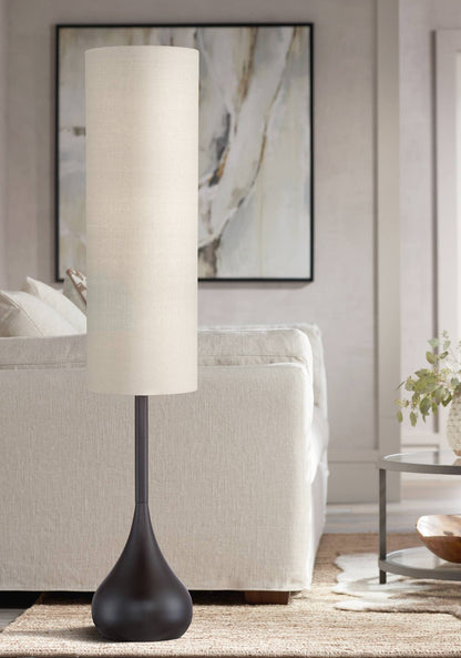 Possini Euro Design Mid Century Modern Retro Floor Lamp Standing 62" Tall Dark Bronze Metal Droplet Off-White Cotton Cylinder Shade Decor for Living Room Reading House Bedroom Home