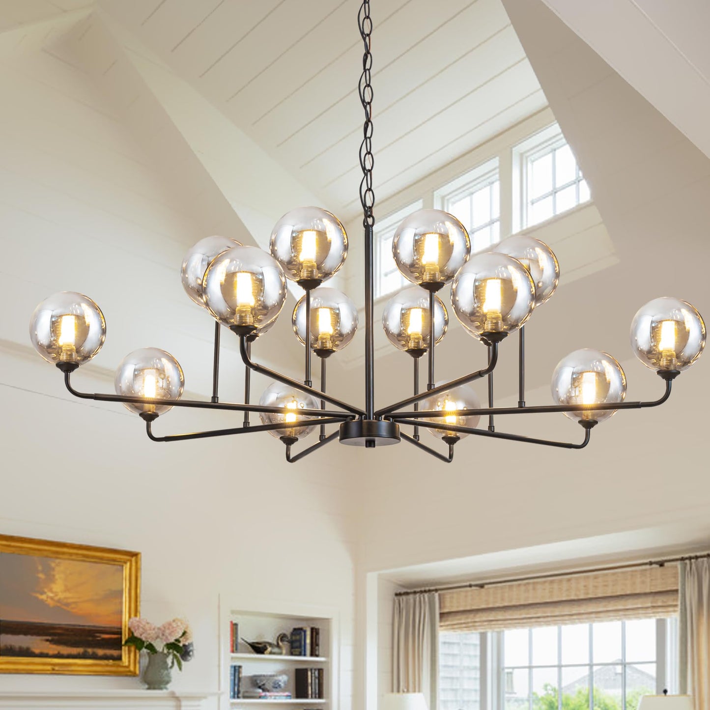 Large Chandeliers for High Ceilings 47.2IN Large Dining Room Chandelier with Smoky Gray Glass Globe Modern Black Chandeliers for Dining Room Large Chandelier Light Fixture for Entryway Living Room