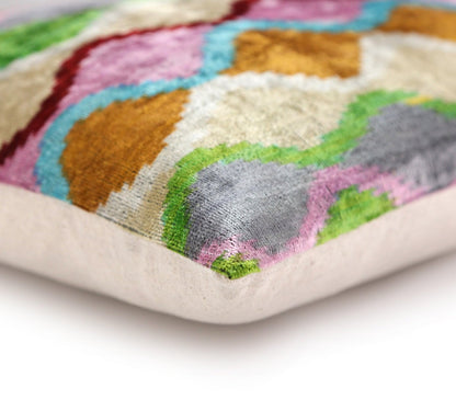 CANVELLO Handmade 16x16 Velvet Pillow – Multicolor Zigzag Ikat Pattern