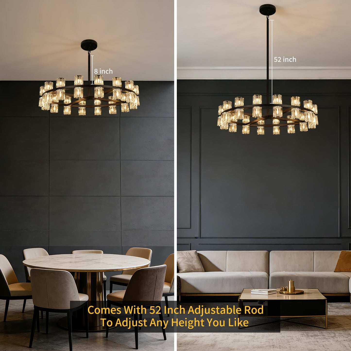32-Lights Crystal Chandelier | Dia 33 Inch Round Chandeliers for Dining Room Over Table | Black Dining Room Light Fixture Apply to Living Room | Kitchen Island | Foyers | 32 X G4 bulbs (included)