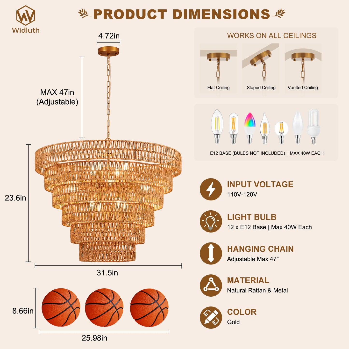 Widluth 31.5" Large Gold Rattan Chandelier, 12-Light Hand-Woven 6-Tier