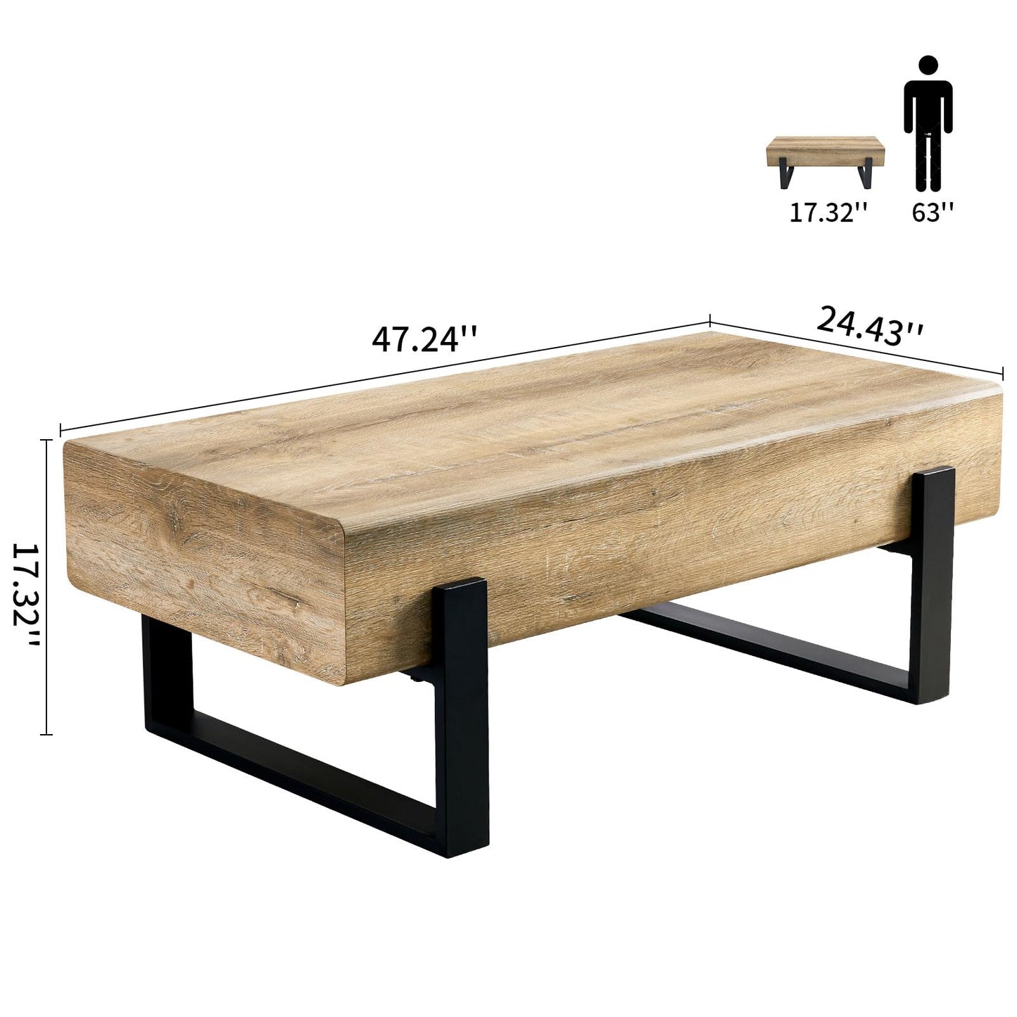 LKTART 47'' Solid Wood Coffee Table with Storage, Rustic Natural Wood Coffee Table for Living Room, Stable Metal Rectangular Tea Table Legs for Dining Room Apartment Small Space
