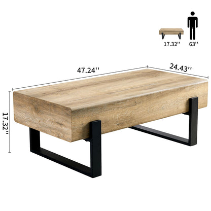 LKTART 47'' Solid Wood Coffee Table with Storage, Rustic Natural Wood Coffee Table for Living Room, Stable Metal Rectangular Tea Table Legs for Dining Room Apartment Small Space