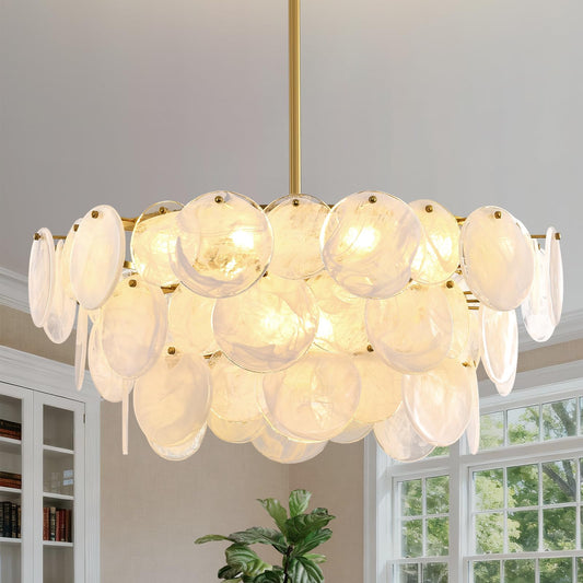 Large Gold Modern Glass Chandelier, 31.5-inch Round Adjustable Height Hanging Light Fixtures with Cloud Glass Shade, Luxury Hanging Fixture for Living Room, Foyer, Bedroom, E12 Base Crystal Lighting