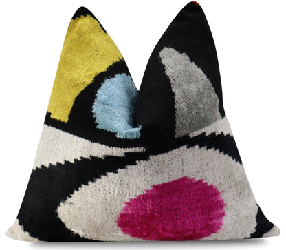 Canvello Handmade Geometric Velvet Throw Pillow - Luxury 16x16 Inch Down Feather Filled Cushion - Modern Abstract Decorative Pillow for Couch, Sofa & Bed - Black, Beige, Pink, Yellow & Blue