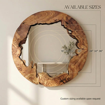 Live Edge Olive Wood Mirror - Round Rustic Wall Decor for Entryway & Bathroom, Solid Wood Circle Mirror, Organic Modern Farmhouse Aesthetic, Premium Natural Grain Decorative Accent, 16"