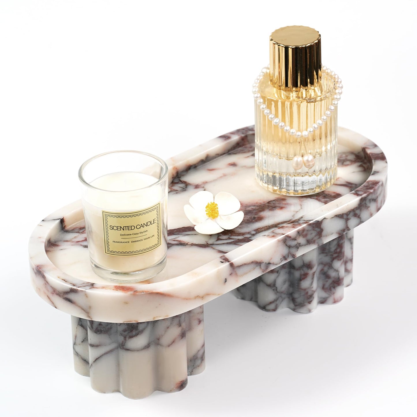 White & Purple Marble Decorative Oval Pedestal Tray