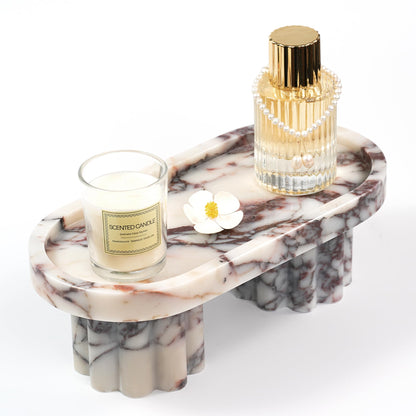 White & Purple Marble Decorative Oval Pedestal Tray