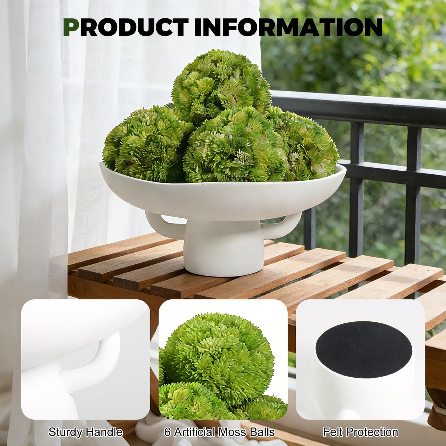 White Resin Decorative Pedestal Bowl with Artificial Moss Balls (6)