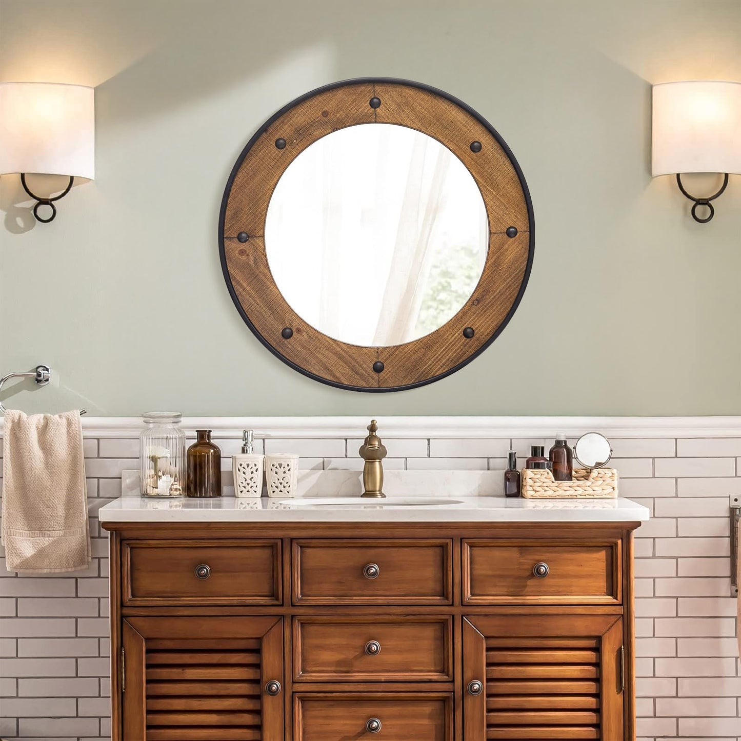 24" Round Wall Wooden Wall Mirror with Metal Trim