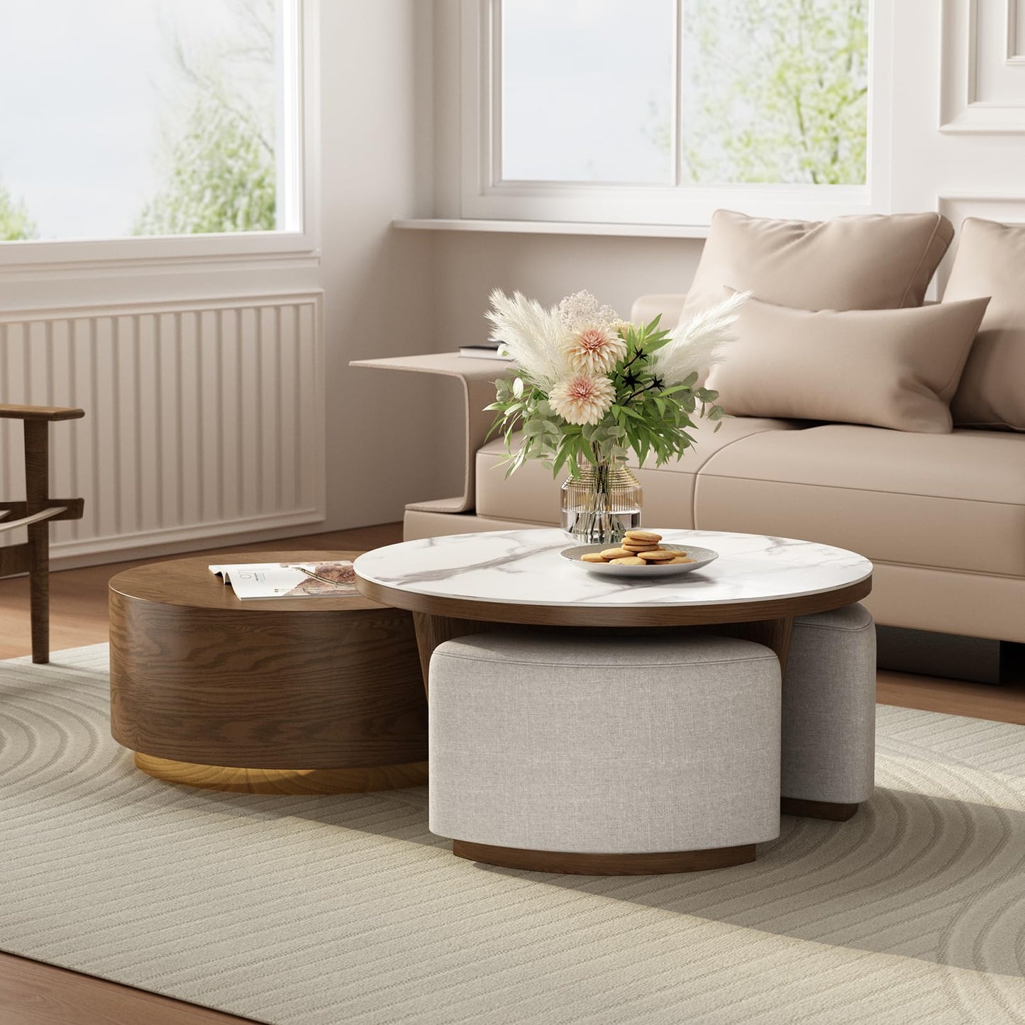 Walnut & Marble Coffee Table with Storage & Ottomans (2)
