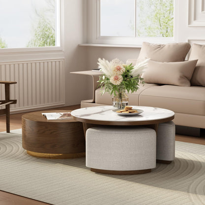 Walnut & Marble Coffee Table with Storage & Ottomans (2)