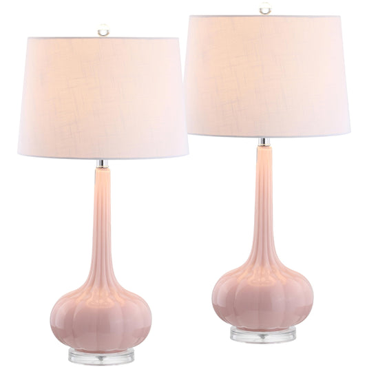 JONATHAN Y 28.5" Pink Glass Teardrop LED Table Lamp Set of 2 for Living Room Bedroom Nightstand, White Linen Shade Modern Transitional Bedside Desk Lamp JYL1079A-SET2