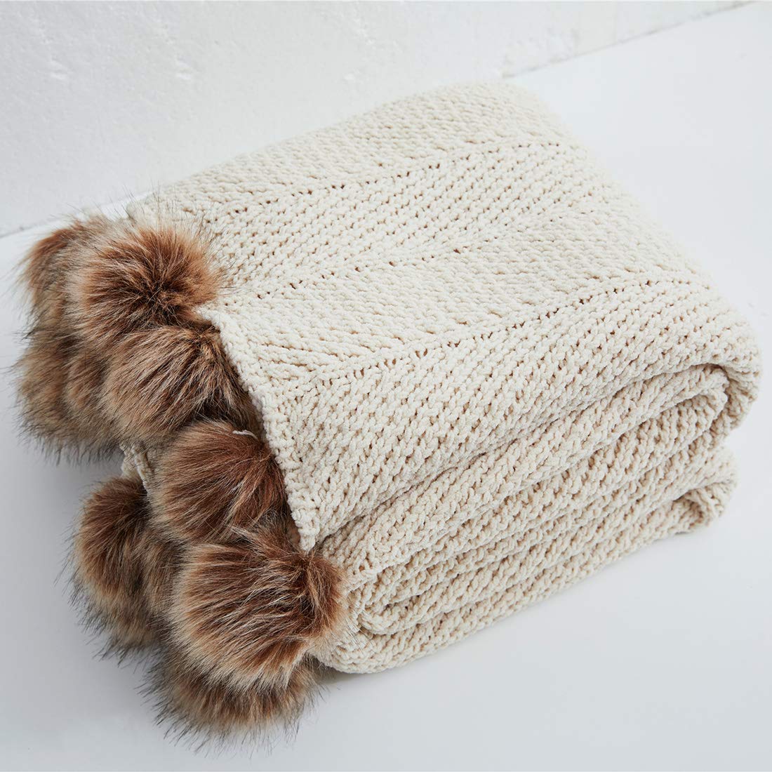 51" x 63" Knit Throw with Faux Fur Pom Poms