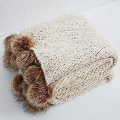 51" x 63" Knit Throw with Faux Fur Pom Poms
