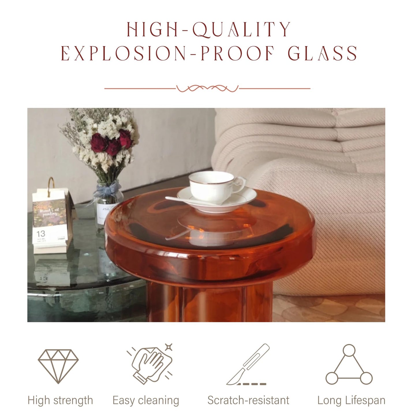 CAROCC Coffee Table, Round Glass Side Table for Living Room, Modern Small End Table with Tempered Glass Top (Grey Green, 14.96") (Amber, 21.65in*12.6in)