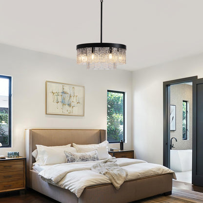Black Modern Chandeliers for Dining Room Light Fixture, 7-light Large Chandelier Kitchen Light Fixture Over Table, Glass Drum Lighting Entryway Lights Fixture for Foyer Bedroom Hallway Living Room