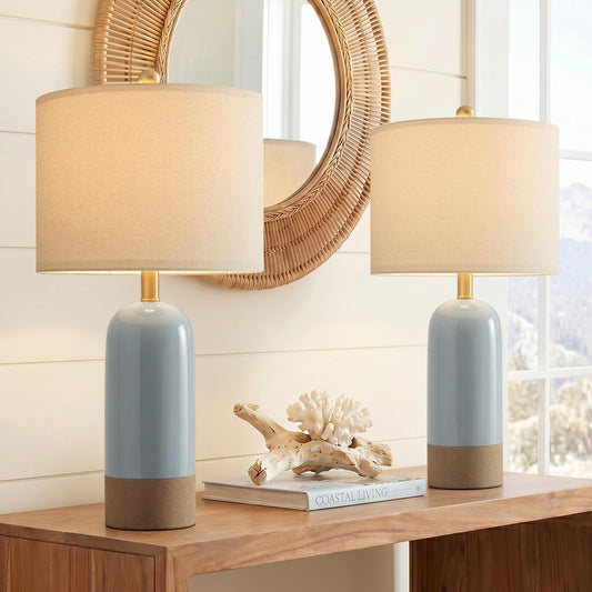 PoKat 24'' Farmhouse Blue Table Lamps Set of 2 for Living Room, Ceramic Boho Bedside Lamps for Bedroom, Modern Nightstand Lamps with Two-Tone Design for Guest Rooms, Side End Tables Entryway, Blue