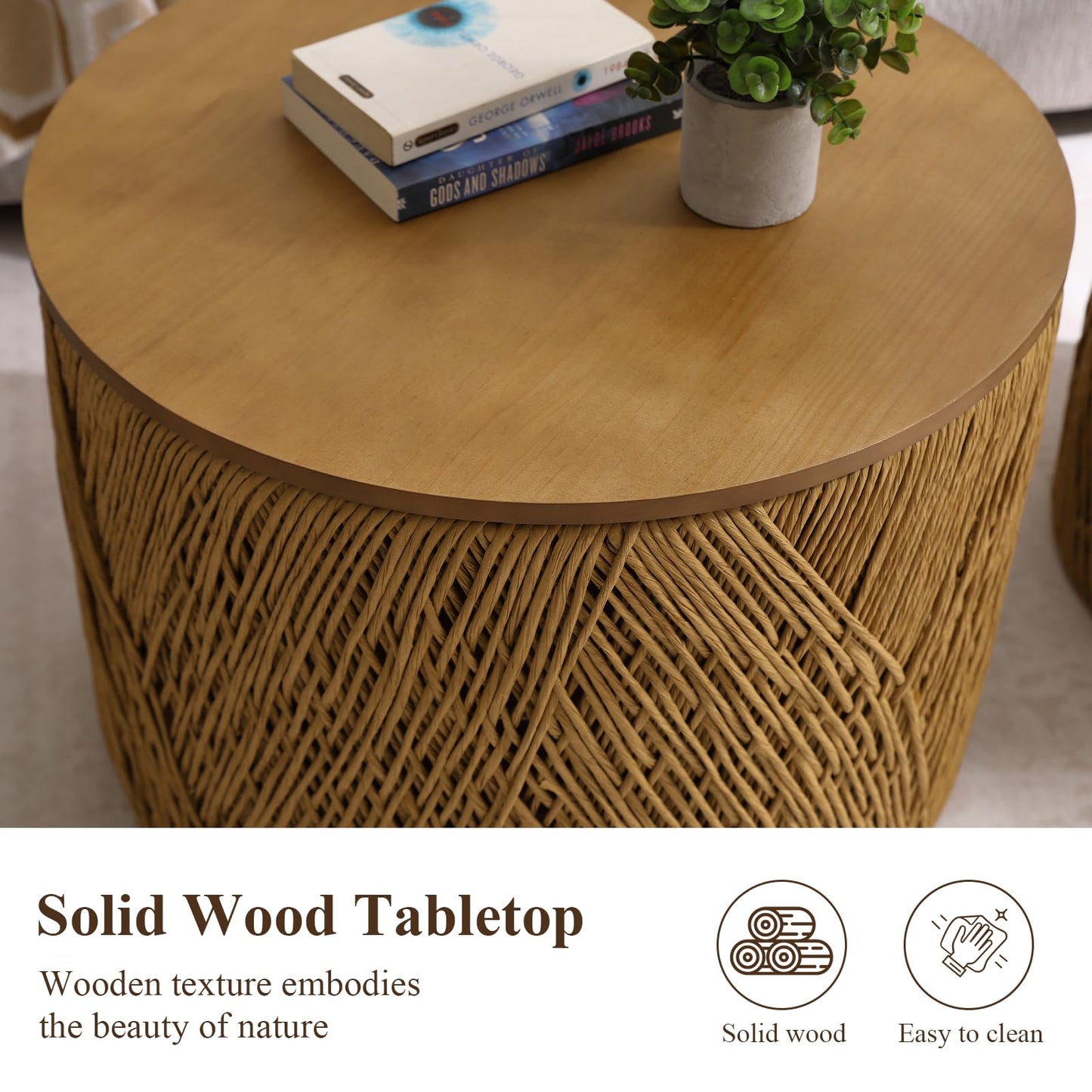 chairus Farmhouse Storage Round Coffee Table Boho Nesting Table with Lifting Top Hand-Woven Rattan Nesting Coffee Tables for Living Room, Walnut