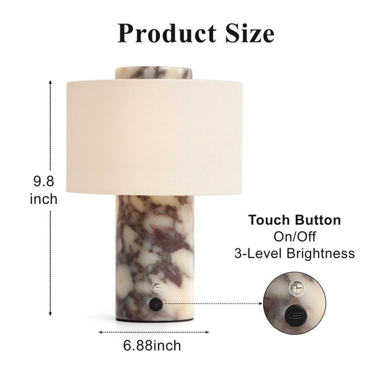 YMXYJM Marble Table Lamp, Rechargeable Cordless Bedside Lamp with Touch Control & Stepless Dimming, Linen Shade Decorative Lamp for Bedroom, Living Room, Nightstand & Bookshelf, Calacatta Viola Marble
