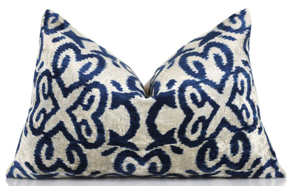 CANVELLO Handmade Navy Ikat Velvet Pillow – 16x24 Silk Accent Cushion