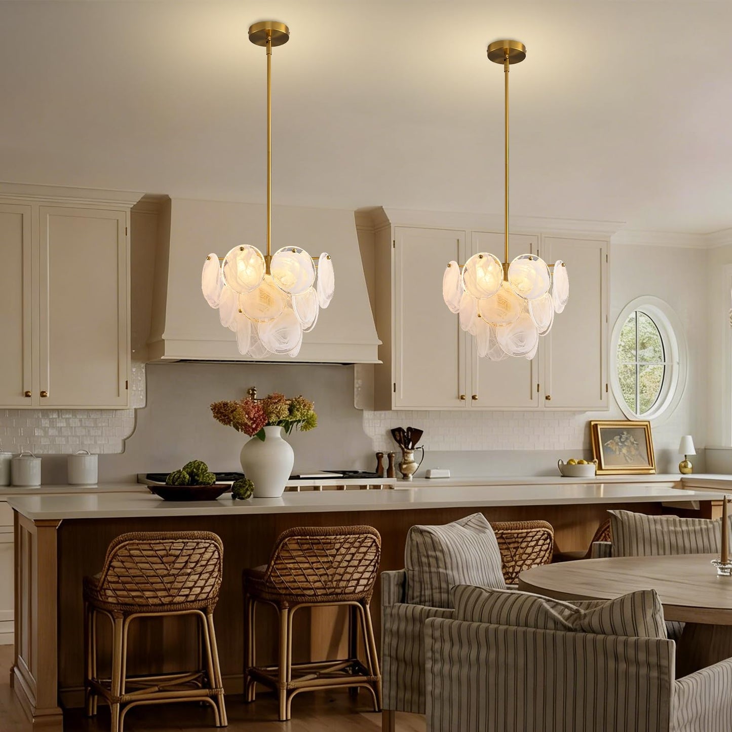 Giawosth Modern Gold Glass Chandelier, 4-Light Crystal Ceiling Pendant, Round Adjustable Hanging Fixture for Dining Room, Living Room, Bedroom, Foyer, G9 Base