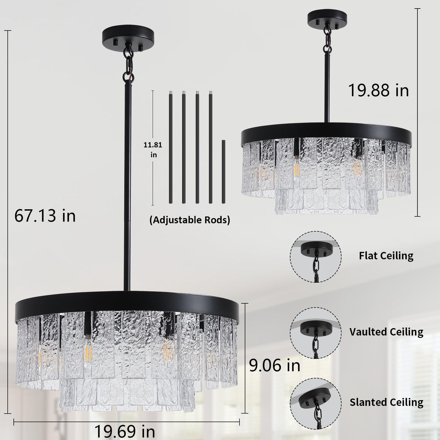 Black Modern Chandeliers for Dining Room Light Fixture, 7-light Large Chandelier Kitchen Light Fixture Over Table, Glass Drum Lighting Entryway Lights Fixture for Foyer Bedroom Hallway Living Room