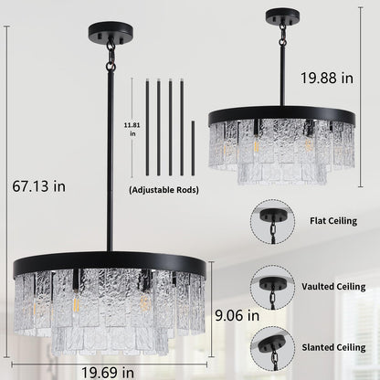 Black Modern Chandeliers for Dining Room Light Fixture, 7-light Large Chandelier Kitchen Light Fixture Over Table, Glass Drum Lighting Entryway Lights Fixture for Foyer Bedroom Hallway Living Room