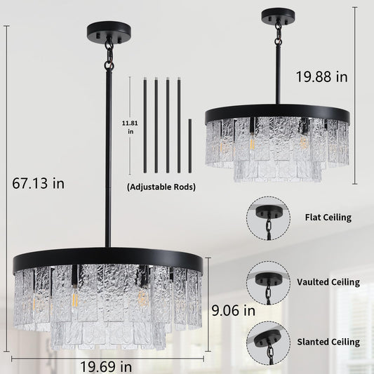 Black Modern Chandeliers for Dining Room Light Fixture, 7-light Large Chandelier Kitchen Light Fixture Over Table, Glass Drum Lighting Entryway Lights Fixture for Foyer Bedroom Hallway Living Room
