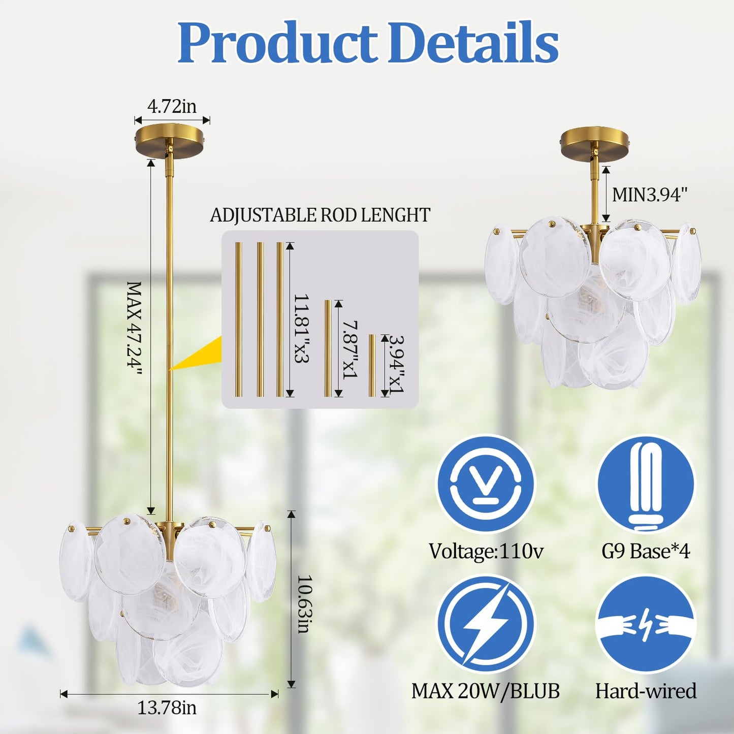 Giawosth Modern Gold Glass Chandelier, 4-Light Crystal Ceiling Pendant, Round Adjustable Hanging Fixture for Dining Room, Living Room, Bedroom, Foyer, G9 Base