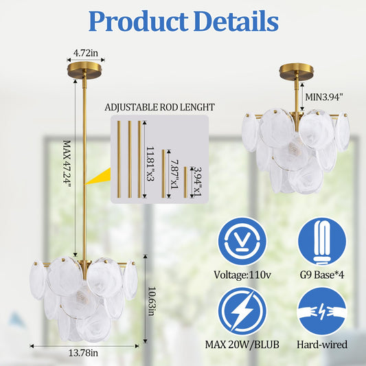 Giawosth Modern Gold Glass Chandelier, 4-Light Crystal Ceiling Pendant, Round Adjustable Hanging Fixture for Dining Room, Living Room, Bedroom, Foyer, G9 Base