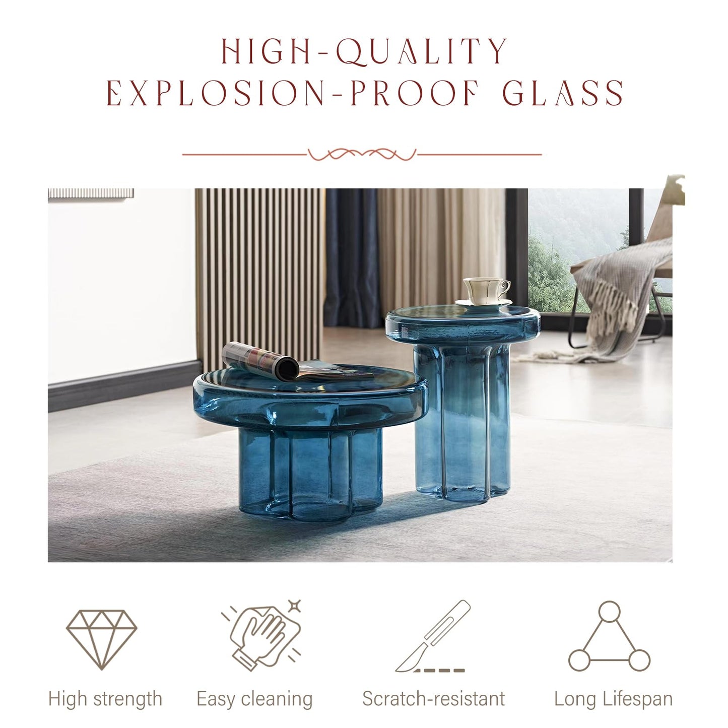 CAROCC Coffee Table, Round Glass Side Table for Living Room, Modern Small End Table with Tempered Glass Top (Grey Green, 14.96") (Blue, 21.65in*12.6in)