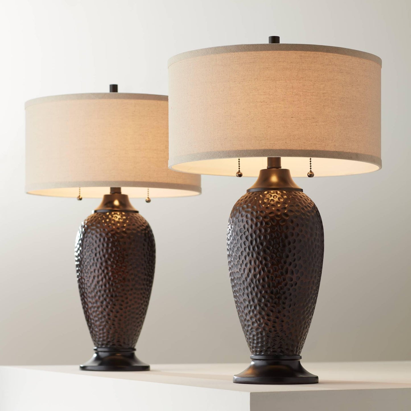 360 Lighting Cody Modern Industrial Rustic Table Lamps 26" High Set of 2 Hammered Oiled Bronze Brown Oatmeal Linen Drum Shade for Living Room Bedroom House Bedside Nightstand Home Office