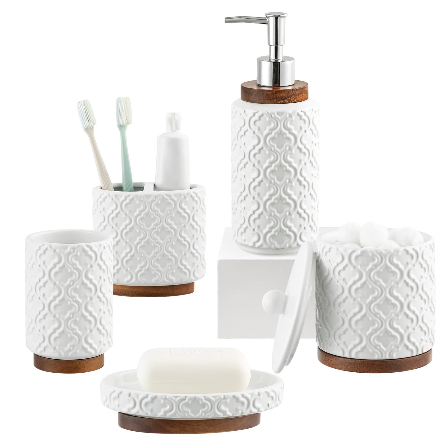5 Piece Ceramic & Wood Bath Accessory Set