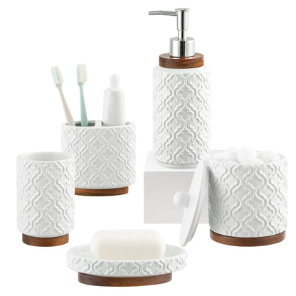 5 Piece Ceramic & Wood Bath Accessory Set