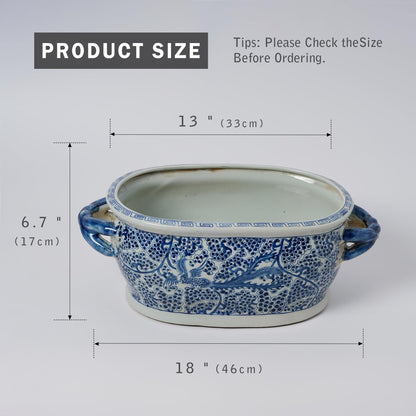 XIGGJYL JINDEZHEN Vintage Blue and White Flower & Birds Porcelain Footbath Planter Chinoiserie Scenery Motif Ceramic Flower Pot (Blue-77)