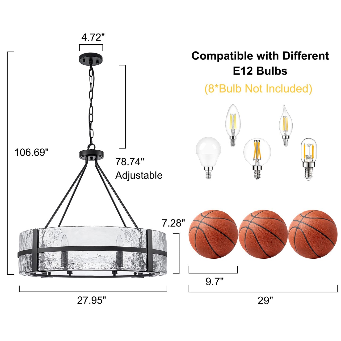 HUOKU 28" Black Glass Chandelier for Dining Room, 8-Light Modern Large Glass Drum Chandelier Dining Room Light Fixture Over Table, Hanging Pendant Light for High Ceiling Foyer Living Room