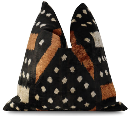 Canvello Handmade Velvet Throw Pillow – Luxury Geometric Black and Brown Decorative Cushion Cover, 16x16 Inch with Down Feather Insert – Bohemian Tribal Accent for Sofa, Couch, or Bed