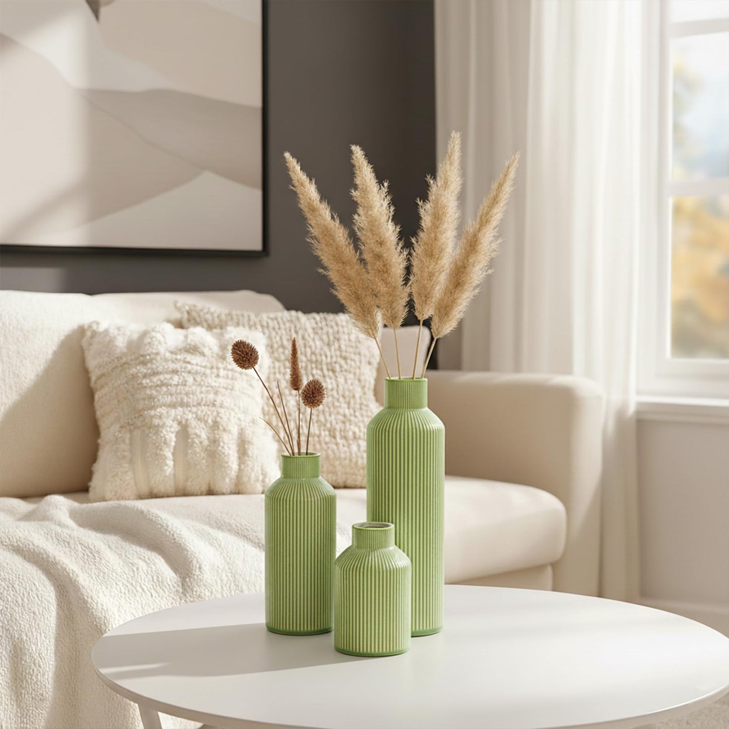 Ceramic Green Ribbed Textured Vases, Set of 3