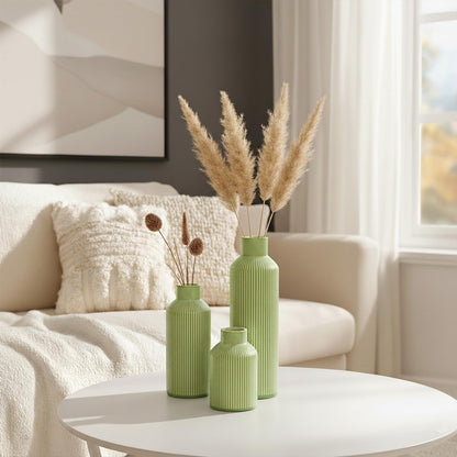 Ceramic Green Ribbed Textured Vases, Set of 3