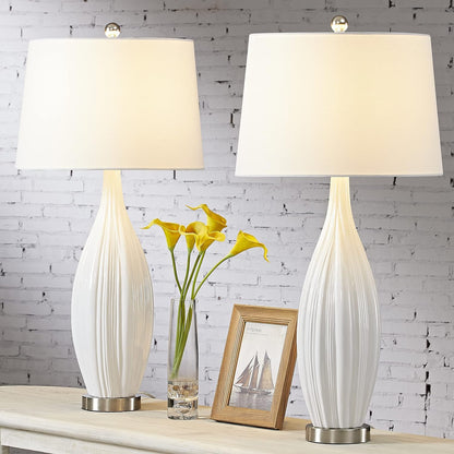 Maxax 31'' Tall Ceramic Table Lamps Set of 2, Large White Bedside Nightstand Lamps with White Shade Rustic End Table Lamps for Living Room Bedroom Office