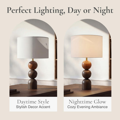 Abani Noa Stacked 23” Table Lamp – Brown Wood Base with White Linen Cylinder Shade, E26 2-Way Bulb Included – Modern Bedside Lamp for Bedroom, Living Room or Nightstand