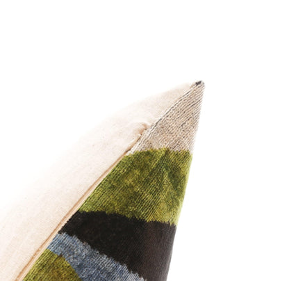 Canvello Handmade Silk Velvet Pillow - 16x16 Inch, Down Feather Filled, Organic Vegetable Dyed - Green & Blue Striped Pattern