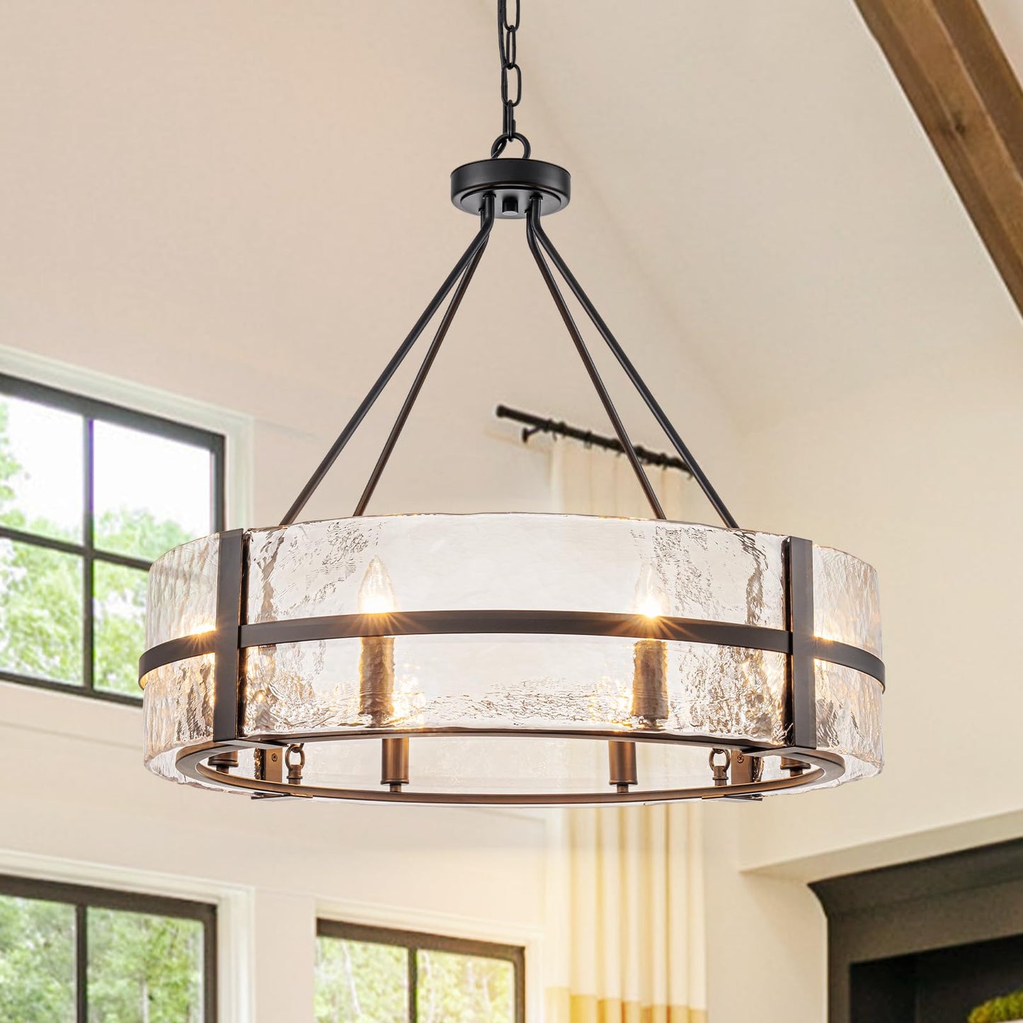 HUOKU 28" Black Glass Chandelier for Dining Room, 8-Light Modern Large Glass Drum Chandelier Dining Room Light Fixture Over Table, Hanging Pendant Light for High Ceiling Foyer Living Room