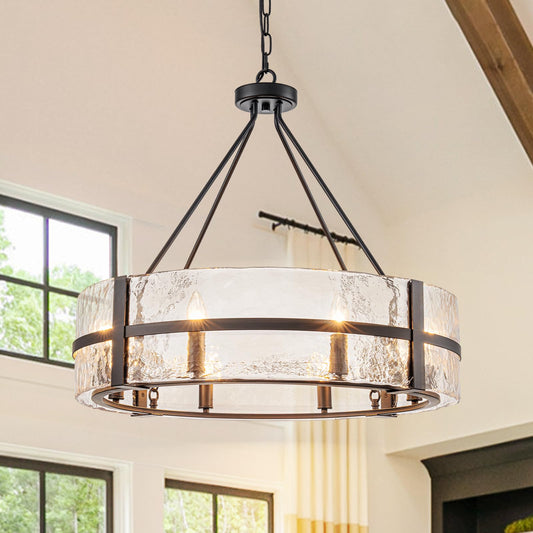 HUOKU 28" Black Glass Chandelier for Dining Room, 8-Light Modern Large Glass Drum Chandelier Dining Room Light Fixture Over Table, Hanging Pendant Light for High Ceiling Foyer Living Room